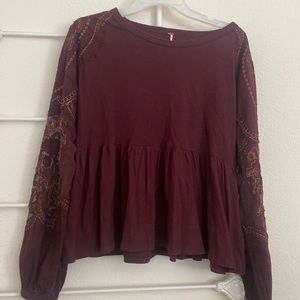 FREE PEOPLE Blouse Shirt Burgundy Red with Gold Thread’s Details SZ XS